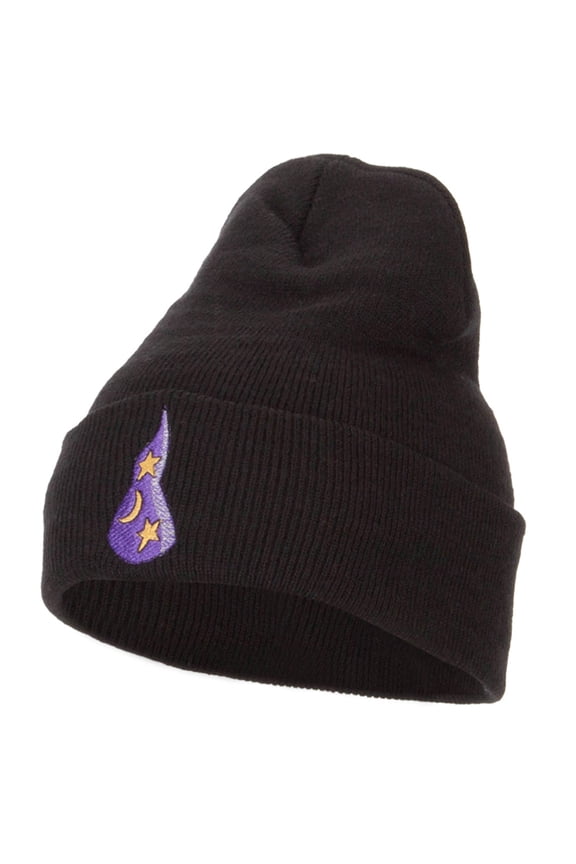 Wizard Hat with Stars and Moon Embroidered Long Beanie - Black OSFM