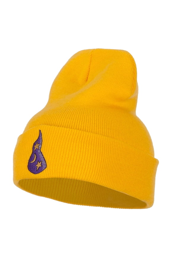 Wizard Hat with Stars and Moon Embroidered Long Beanie - Yellow OSFM