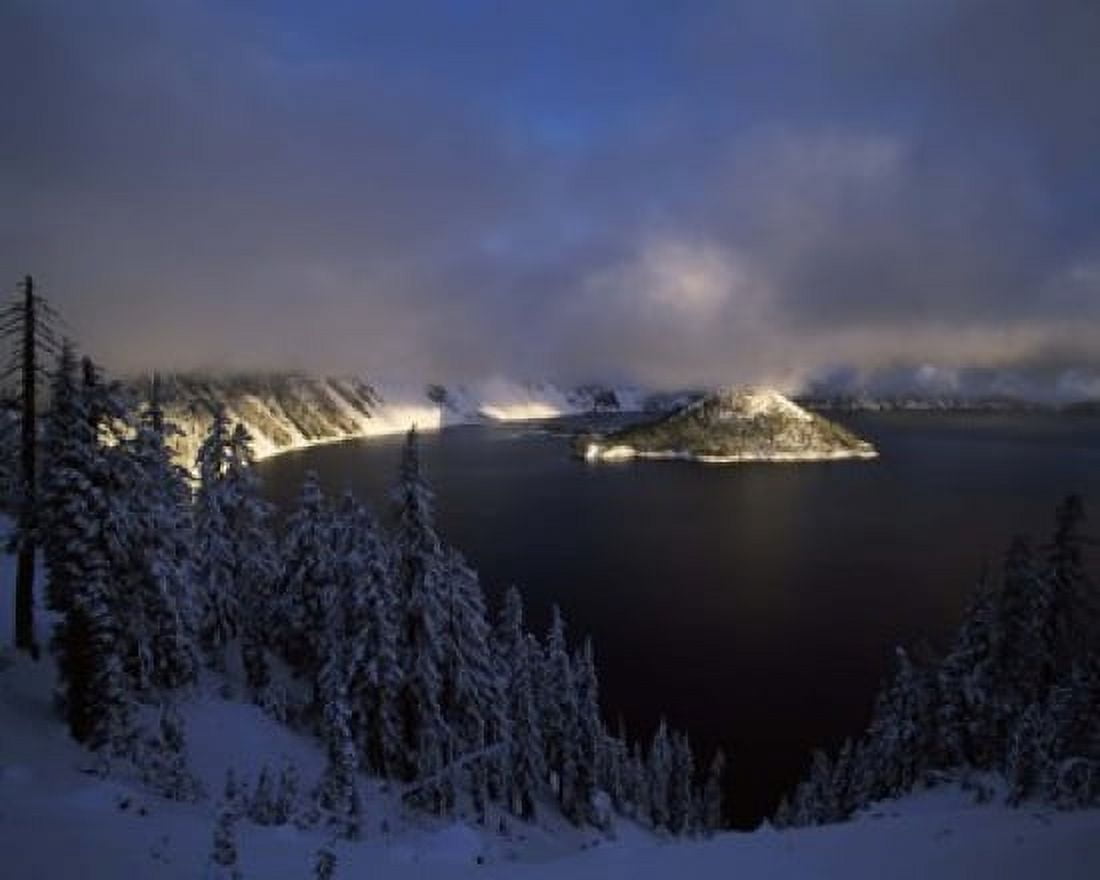 Wizard Island at Crater Lake in winter Crater Lake National Park Oregon USA Canvas Art - Panoramic Images (36 x 29)