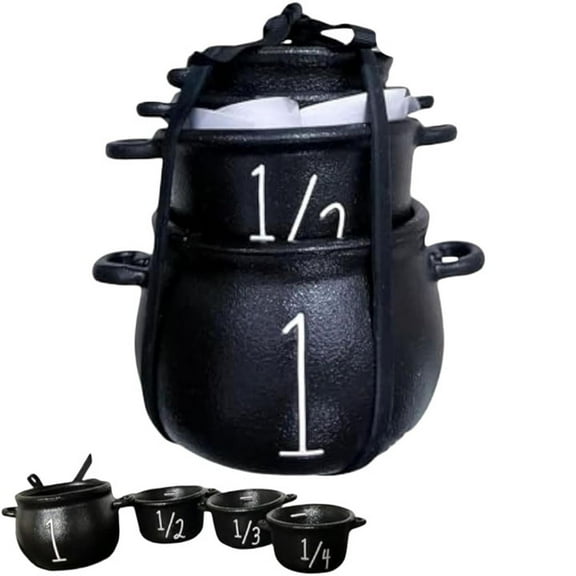 Wizard Kitchen Measuring Cup Set, Mini Witch Cauldron Set, Halloween Candy Bucket Cauldron Measuring Cups with Handle of 4 Black Cauldrons Candy Bowl/Holder, Halloween Party Decor Favors