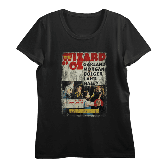 Wizard Of Oz Distressed Movie Cast Poster Women's Black Crew Neck Short Sleeve Crop Tee-XS