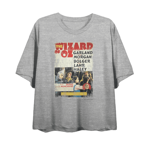 Wizard Of Oz Distressed Movie Cast Poster Women's Heather Gray Crew Neck Short Sleeve Crop Tee-Medium