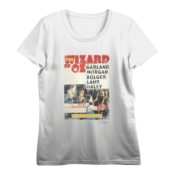 Wizard Of Oz Distressed Movie Cast Poster Women's Vivid White Crew Neck Short Sleeve Crop Tee-XL