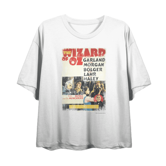 Wizard Of Oz Distressed Movie Cast Poster Women's White Crew Neck Short Sleeve Crop Tee-Medium