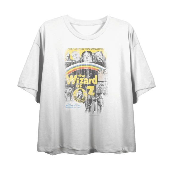 Wizard Of Oz Distressed Movie Poster Women's White Crew Neck Short Sleeve Crop Tee-XS