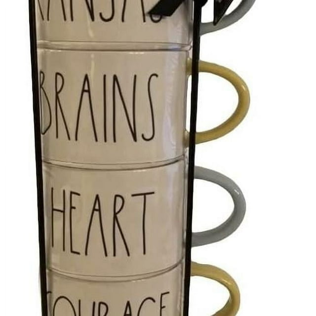 Wizard Of Oz Themed Set Of 4 Stacked 2 Sided Coffee Cups In Metal Rack KANSAS BRAINS HEART