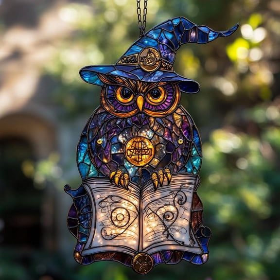 Wizard Owl ACRYLIC Faux Stained Glass Sun Catcher Mystical Book Window Decor Gift for Readers & Fantasy Lovers