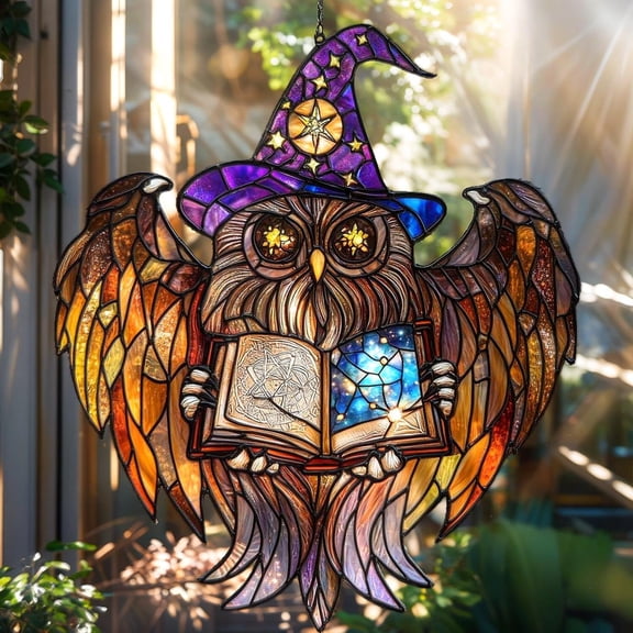 Wizard Owl ACRYLIC Faux Stained Glass Suncatcher Window Hanging, Halloween Witch Decor Gift for Her or Fantasy Home Display