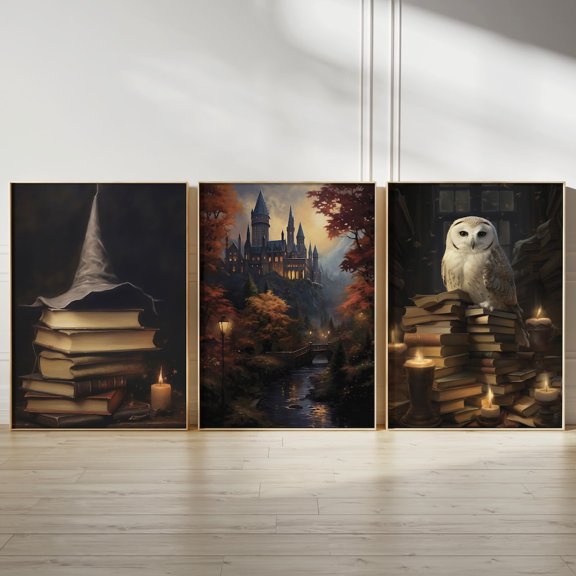 Wizard Poster Autumn Owl And Spell Book Wall Art Magical Seasonal Decor Home Decor Office Wall Art Set 3