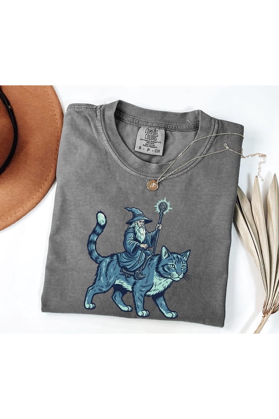 Wizard Riding Cat Graphic Retro Fantasy Design, Comfort Colors Unisex Cotton T-Shirt, Size S-3XL
