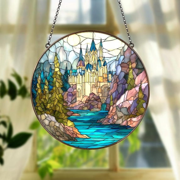 Wizard School Castle Faux Glass Suncatcher, Magical Window Hanging for Movie Lovers, 7.9 in