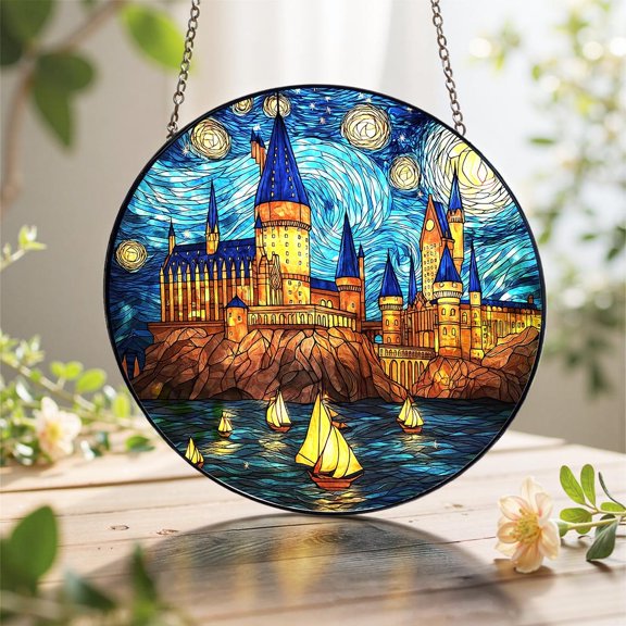 Wizard School Glass Suncatcher, Enchanted Castle Window Hangings, Book Lover, Magic Art Decor, 3.5 in