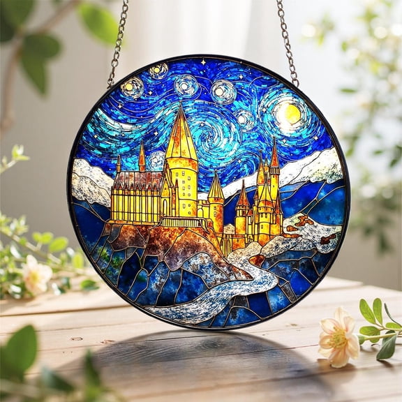 Wizard School Glass Suncatcher, Magical Castle Window Hanging for Fantasy Fans, Enchanted Castle Art, Book Lover, 7.9 in