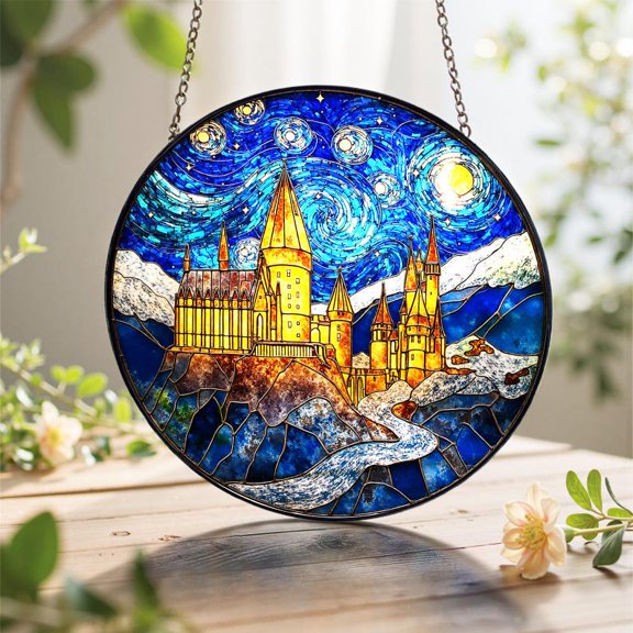 Wizard School Stained Glass Suncatcher | Magical Castle Window Hanging for Fantasy Fans | Enchanted Castle Art, Gift for Book Lover