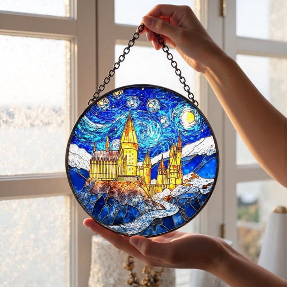 Wizard School Stained Glass Suncatcher | Starry Night Castle Window Art