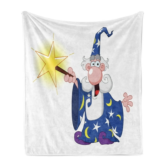 Wizard Soft Flannel Fleece Throw Blanket, Medieval Mage with a Crazy Face Expression Creating a Powerful Spell Clipart, Cozy Plush for Indoor and Outdoor Use, 50" x 60", Multicolor, by Ambesonne