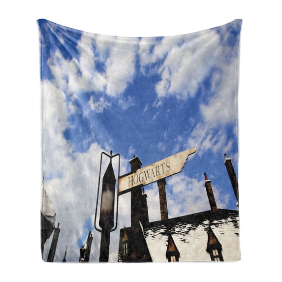 Wizard Soft Flannel Fleece Throw Blanket, School of Witchcraft Castle and Wizard Signboard Snowy Rooftops Sky and Clouds, Cozy Plush for Indoor and Outdoor Use, 70" x 90", Blue White, by Ambesonne