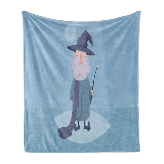 Wizard Soft Flannel Fleece Throw Blanket, Wizard Holding a Magic Wand in His Hand and Smiling on Blue Background, Cozy Plush for Indoor and Outdoor Use, 50" x 70", Pale Blue Dark Blue, by Ambesonne