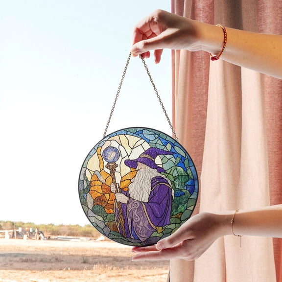 Wizard Stained Glass Panel with Enchanted Crystal Staff and Purple Robe, Ideal for Fantasy Lovers and Window Display