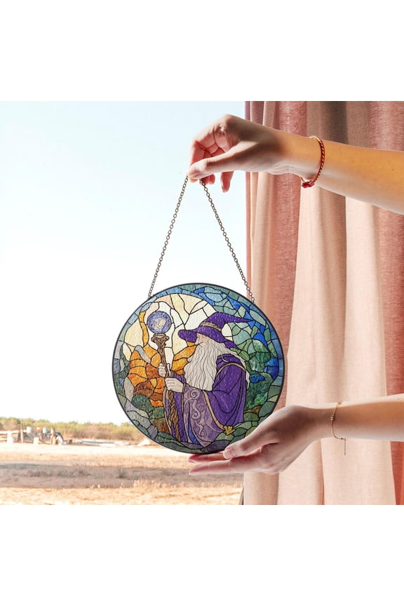 Wizard Stained Glass Panel with Enchanted Crystal Staff and Purple Robe, Ideal for Fantasy Lovers and Window Display