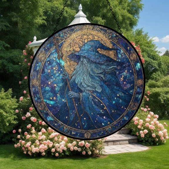 Wizard Stained Glass Suncatcher, Magic Theme Window Garden Decoration, Blue Wizard Keepsake, Sorcerer Starry Sky, Magical Night Suncatcher