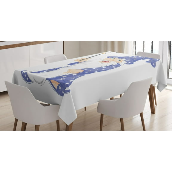 Wizard Tablecloth, Laughing Old Man with a Magic Wand and Stars Kids Tale Fantasy Character, Rectangular Table Cover for Dining Room Kitchen, 60 X 90 Inches, Ceil Blue White Black, by Ambesonne