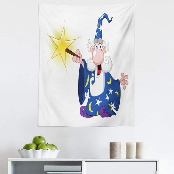 Wizard Tapestry, Medieval Mage with a Crazy Face Expression Creating a Powerful Spell Clipart, Fabric Wall Hanging Decor for Bedroom Living Room Dorm, 5 Sizes, Multicolor, by Ambesonne