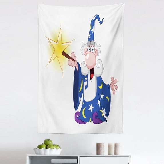 Wizard Tapestry, Medieval Mage with a Crazy Face Expression Creating a Powerful Spell Clipart, Fabric Wall Hanging Decor for Bedroom Living Room Dorm, 5 Sizes, Multicolor, by Ambesonne