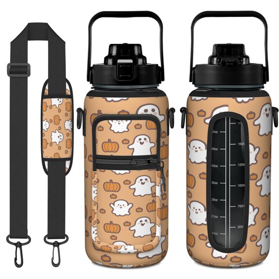 Wizard Theme 64oz Water Bottle with Storage Sleeve - Halloween Vintage Leakproof Large Capacity Sport Bottle for Outdoor Adventures