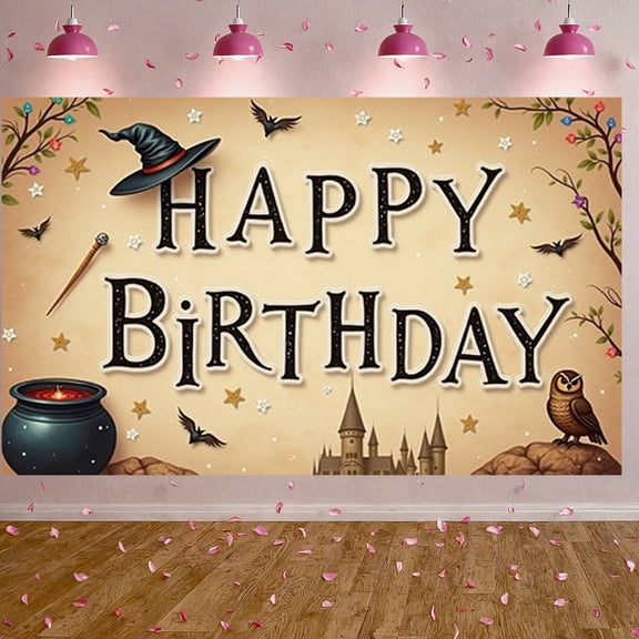 Wizard Themed Happy Birthday Banner Enchanted Design Magic Party Backdrop Witch Hat Magic Wand Decor Wizard Celebration Display for Kids Birthday Party Magic Themed Celebration Fantasy Birthday Event