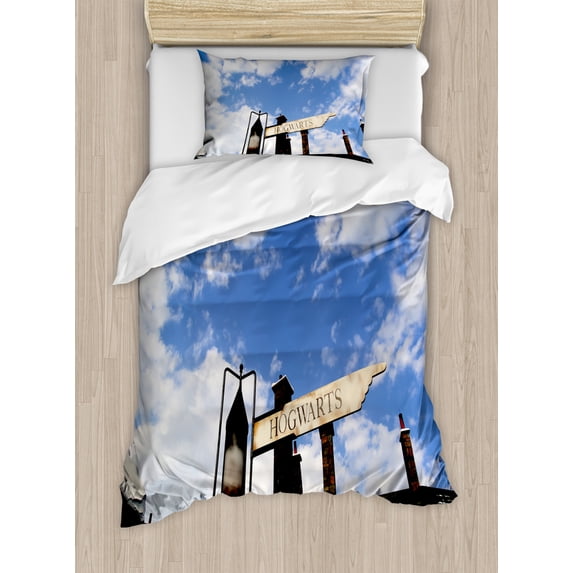 Wizard Twin Size Duvet Cover Set, School of Witchcraft Castle and Wizard Signboard Snowy Rooftops Sky and Clouds, Decorative 2 Piece Bedding Set with 1 Pillow Sham, Blue White, by Ambesonne