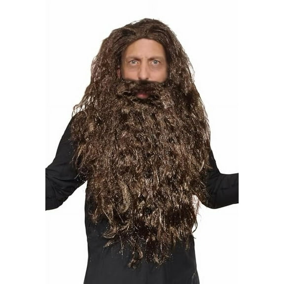 Wizard Wig Costume with Beard Included - One Size Fits All - Grey Color with Curly Moses Jesus Biblical Gandalf Hagrid Look (Brown)