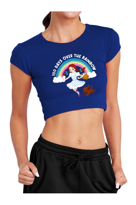 Wizard of Oz 100 Days Over the Rainbow Women's Cap Sleeve Baby Rib Crop Top, Royal, Medium