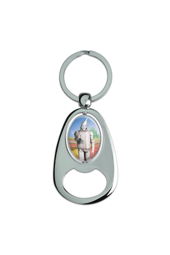 Wizard of Oz Tin Man Character Keychain Chrome Metal Spinning Oval Bottle Opener