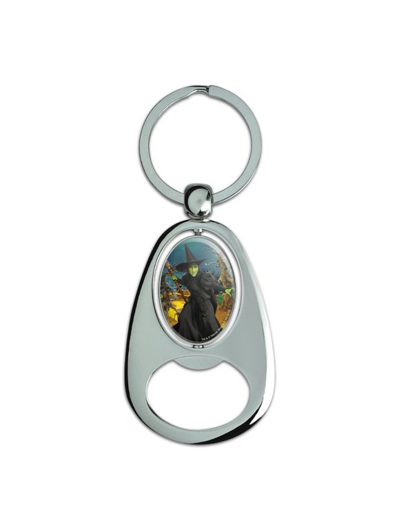 Wizard of Oz Wicked Witch Character Keychain Chrome Metal Spinning Oval Bottle Opener
