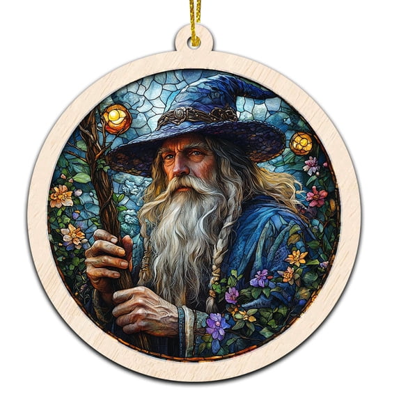 Wizard with Full Moon Stained Glass Suncatcher Ornament  Text Christmas 2025 Tree Decoration Gift for Family, Friends, Man & Woman