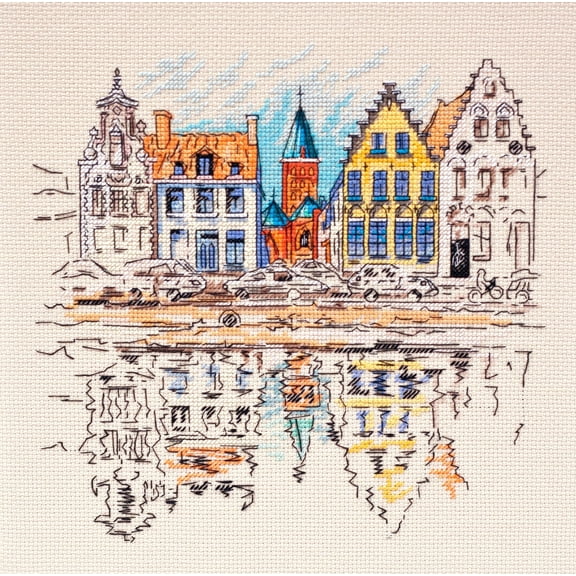 Wizardi Cross-Stitch kit - Colored Town-1. Beginner Embroidery Kit for Adults. Cross-Stitch Supplies. Needle, Canvas, Scheme, Floss and Floss Organizer Kit. AH-137 Abris Art