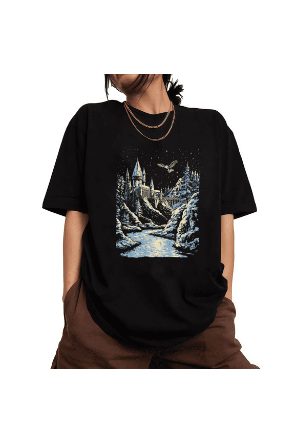 Wizarding Castle Owl Night Print Tshirt Black S-5XL Enchanted Fantasy Castle Graphic Tees Shirts Tops
