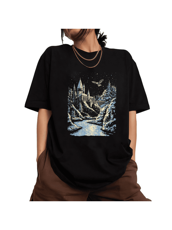 Wizarding Castle Owl Night Print Tshirt Black S-5XL Enchanted Fantasy Castle Graphic Tees Shirts Tops