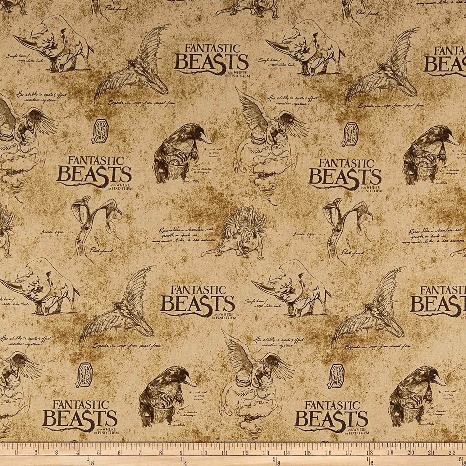 Wizarding World Fantastic Beasts Logo and Creatures on Textured 100% Cotton Fabric by the Yard
