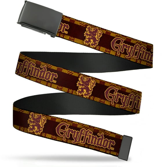 Adjustable Belt, Clamp Buckle, Cut-to-Fit, Harry Potter Gryffindor Lion Checker Stripe Black Reds Golds