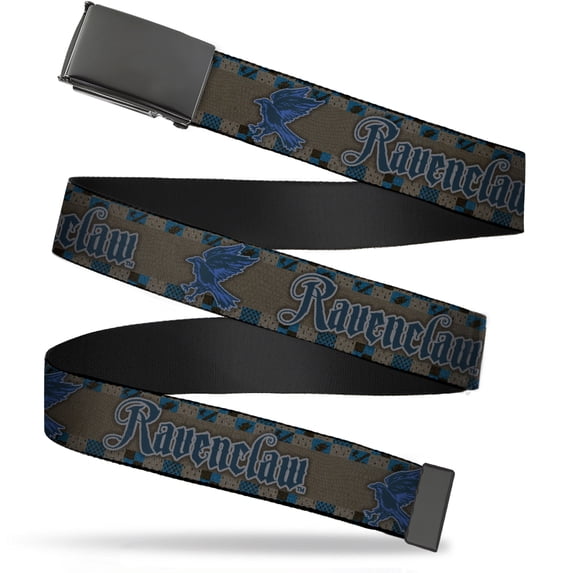 Adjustable Belt, Clamp Buckle, Cut-to-Fit, Harry Potter Ravenclaw Eagle Checker Stripe Grays Blues Black