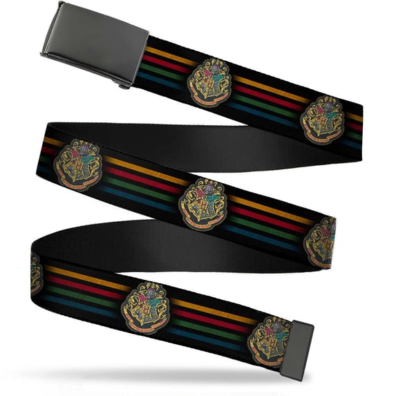 Adjustable Belt, Clamp Buckle, Cut-to-Fit, Hogwarts Crest House Stripes Black Gold Burgundy Green Blue