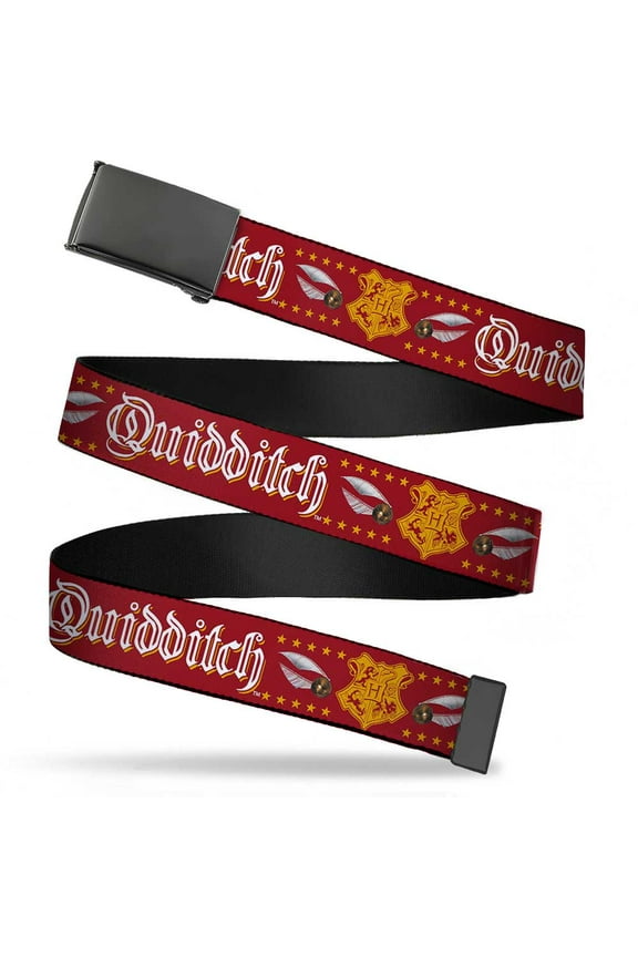Adjustable Belt, Clamp Buckle, Cut-to-Fit, Quidditch Hogwarts Crest Quidditch Balls Stars Red Gold White