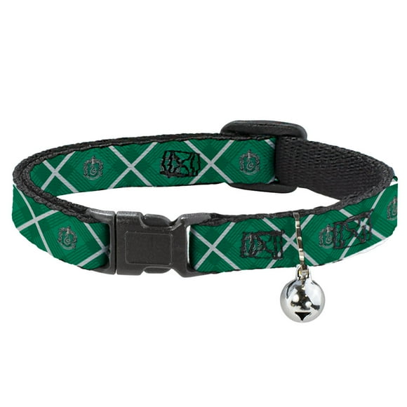 The Wizarding World of Harry Potter Cat Collar, Breakaway Collar with Bell, Harry Potter Slytherin Crest Plaid Greens Gray, 8.5 to 12 Inches 0.5 Inch Wide