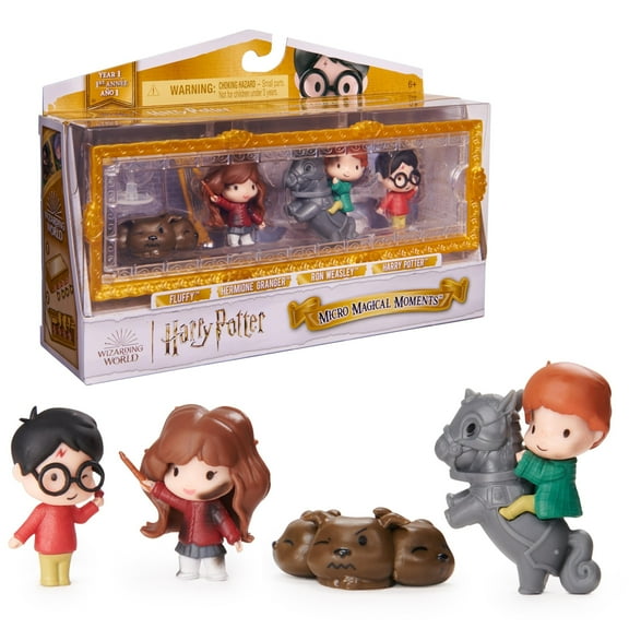 Wizarding World Harry Potter, Micro Magical Moments Scene Gift Set with Exclusive Harry, Hermione, Ron, Fluffy Action Figures & Case, Kids Toys