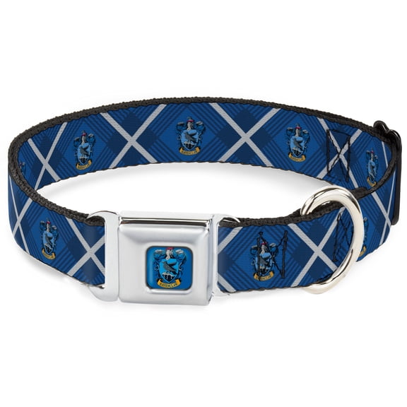 The Wizarding World of Harry Potter Pet Collar, Dog Collar Metal Seatbelt Buckle, Harry Potter Ravenclaw Crest Plaid Blues Gray, 9.5 to 13 Inches 1.0 Inch Wide