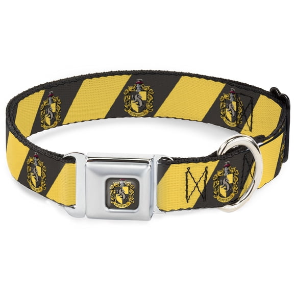 The Wizarding World of Harry Potter Pet Collar, Dog Collar Metal Seatbelt Buckle, Hufflepuff Crest Diagonal Stripe Charcoal Gray Yellow, 16 to 23 Inches 1.5 Inch Wide