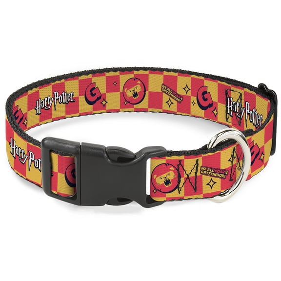 The Wizarding World of Harry Potter Pet Collar, Dog Collar Plastic Buckle, Harry Potter Gryffindor Icons Checker Yellow Red, 15 to 24 Inches 1.0 Inch Wide