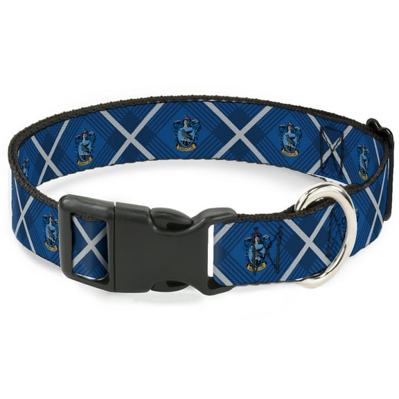 The Wizarding World of Harry Potter Pet Collar, Dog Collar Plastic Buckle, Harry Potter Ravenclaw Crest Plaid Blues Gray, 7 to 8.5 Inches 0.5 Inch Wide